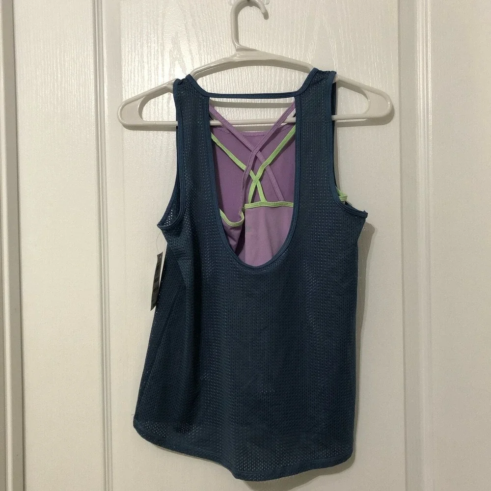 Ideology Girls Blue Mesh Layered‎ Tank Top Built-In Sports Bra Size Medium NWT